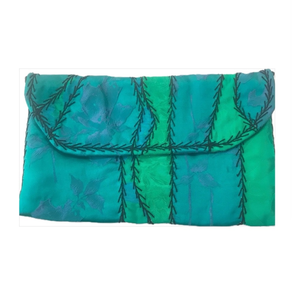Art to Wear One of a Kind Green Fairy Vintage/New Turquoise Satin Clutch w Strap